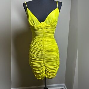 Luminous Yellow Ruched Mini Dress